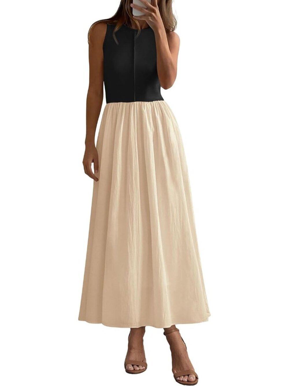 Women's Beige Black Summer Casual Sleeveless Patchwork Flowy Vacation Maxi Dress